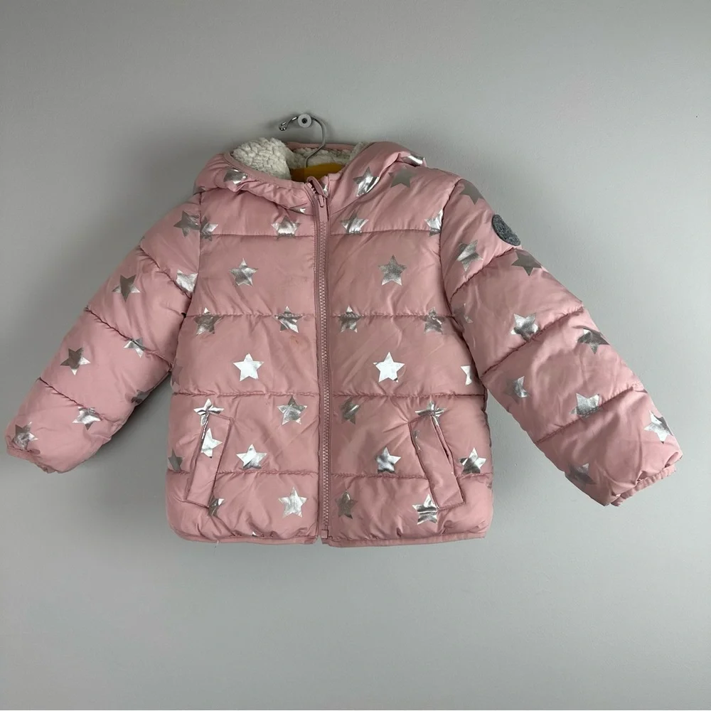 Gap hooded puffer winter jacket with metallic stars size 4